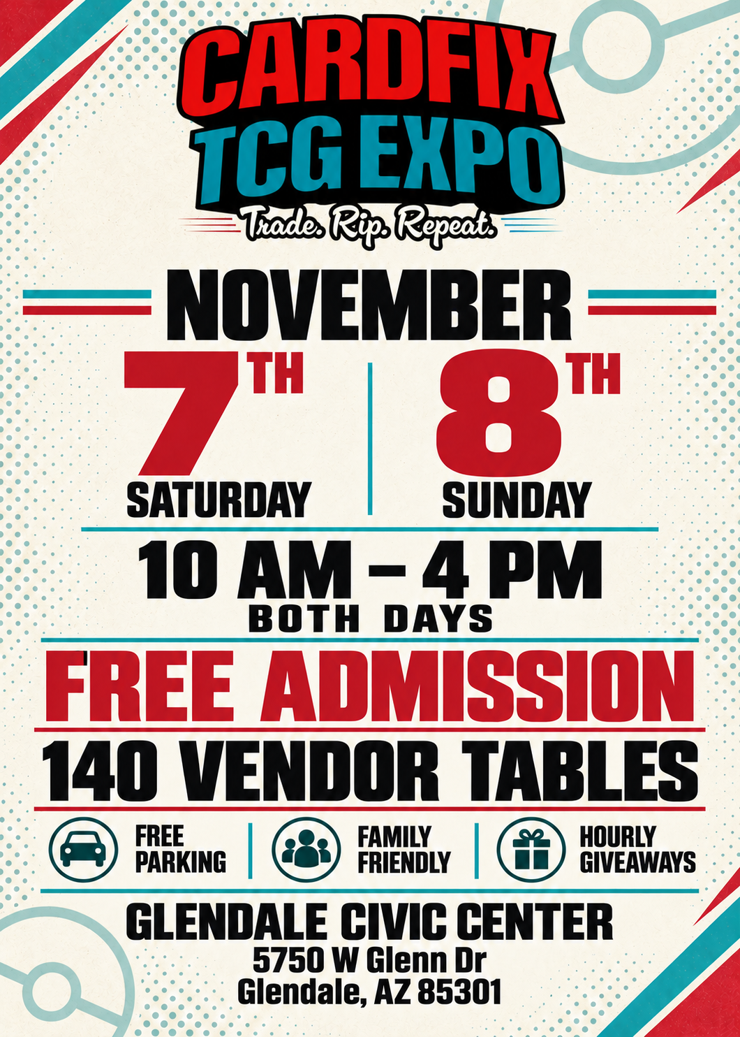 Glendale Civic Center CARDFIX flyer with November 7 and 8 dates, free admission, and 140 vendor tables