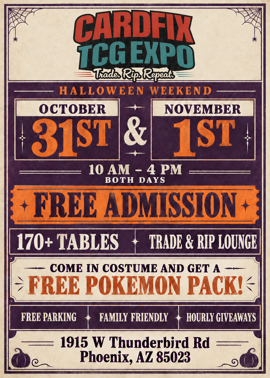 Halloween CARDFIX flyer with October 31 and November 1 dates, free admission, and Royal Palace location